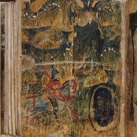 London, British Library, Cotton MS Nero A X/2, fol. 129v, Gawain and the Green Knight at the Green Chapel