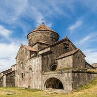 Haghpat Monastery, main church of Surb Nshan (10th c.) from the west with zhamatun (13th c.) in foreground