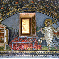 Mausoleum of Galla Placidia, lunette with saint (Lawrence?) or Christ, gridiron, and Gospel books