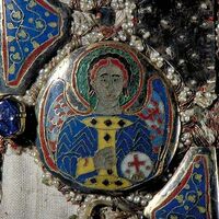 Miter of Kettil Karlsson, front detail of angel enamel (SHM)