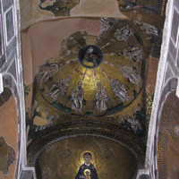 Hosios Loukas katholikon, east apse conch with the Virgin Mary and vault with the Pentecost