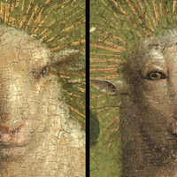 Ghent Altarpiece, Lamb of God pre- and post-restoration, detail