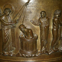 Liège font, detail of St. Peter baptizing Cornelius