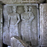 Tropaeum Traiani metope with two Dacian women and an infant