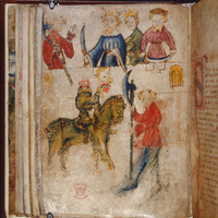 London, British Library, Cotton MS Nero A X/2, fol. 94v, Gawain, King Arthur and Guinevere at table; Gawain and the Green Knight with a severed head