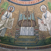 Arian Baptistery, Paul and Peter flanking the prepared throne