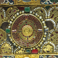 Trier Cathedral Treasury,  Altar-reliquary of St. Andrew's sandal, detail of back with Byzantine coin