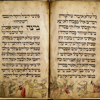 Birds Head Haggadah, Exodus scene, fols. 24v-25r