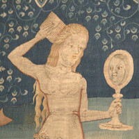 Apocalypse Tapestry, Angers, whore of Babylon combing her hair, detail