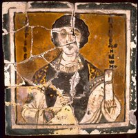 Byzantine ceramic tile, St. Panteleimon holding a medical lancet and a scroll, WAM 48.2086.4