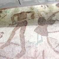 Ingå (Inkoo) church, north wall, Death sawing a tree and Wheel of Fortune.JPG