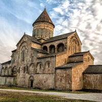 Svetitskhoveli Cathedral, view from the northwest, with Jvari in the distance