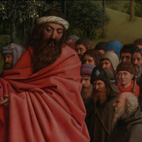 Ghent Altarpiece, pilgrims led by St. Christopher