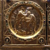 Sant'Ambrogio golden altar, back, detail of Ambrose crowning Angilbertus