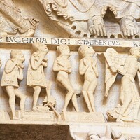 Autun Cathedral tympanum, detail with pilgrims and Gislebertus inscription