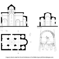 Mren, plan, sections, reconstruction of central apse paintings