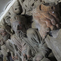 Santiago de Compostela, Portal of Glory, tympanum musicians (mid-restoration)