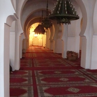 Qarawiyyin Mosque, nave toward the mihrab with lamps