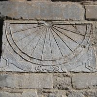 Skripou, Koimesis Church, detail of sundial with peacocks on south wall