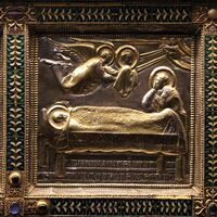 Sant'Ambrogio golden altar, back, detail of soul of Ambrose carried to heaven