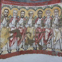 Bawit, Room 6, painted apse, detail of apostles and local saint in left half