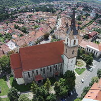 Town square, Bistriţa, Romania, aerial view