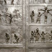 Bernward Doors, Temptation and Fall, Crucifixion, Denial of Blame, Christ before Pilate