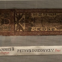 Durham, maniple in coffin of St. Cuthbert, detail of John the Baptist and Peter the Deacon